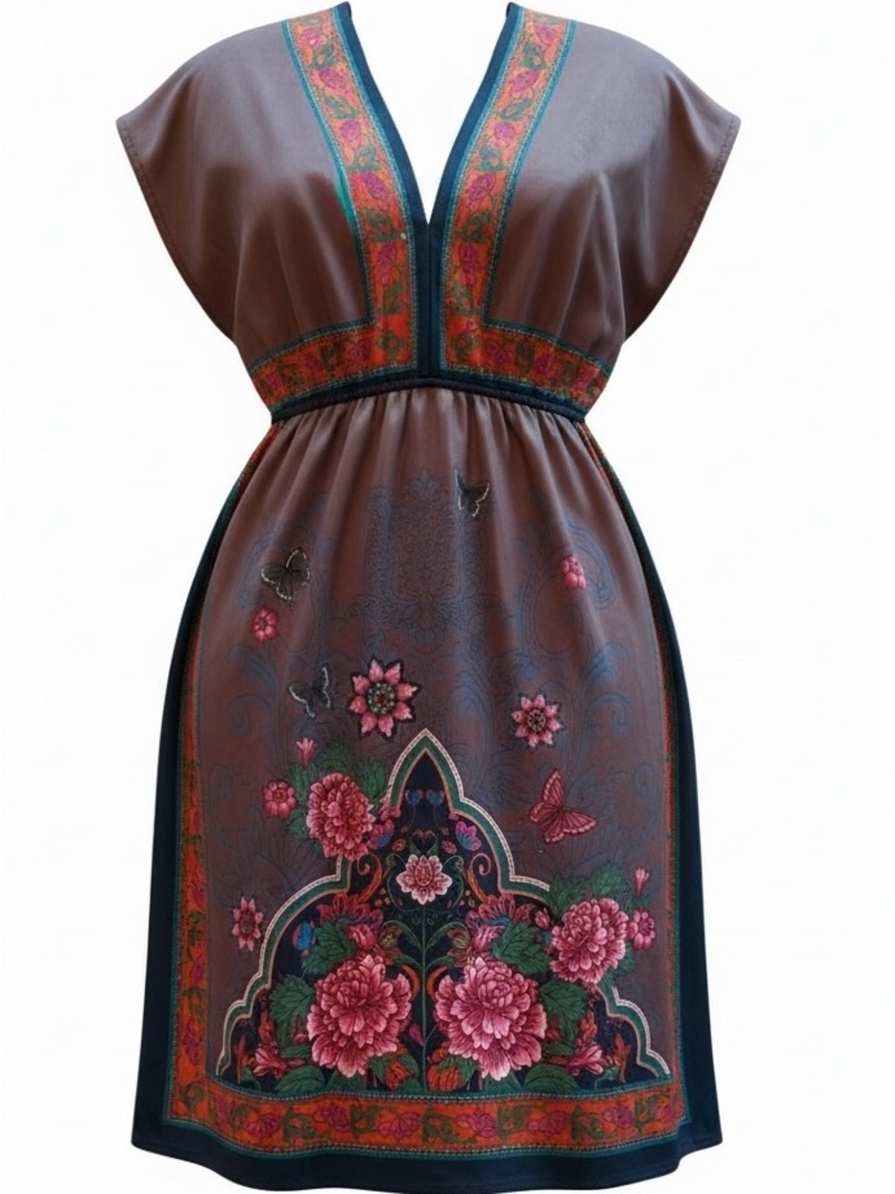 Flying Tomato Boho Scarf Print Cottage Dress Floral Butterfly Empire Waist Med